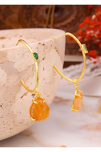 Feyz Tasarım Damla Sitrin Taşı Ve Zümrüt Rengi Zirkon Halka Küpe