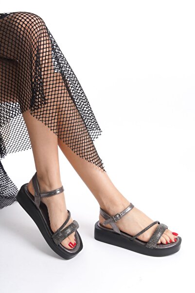 GökDesem GÖKDESEM KADIN TAŞLI PLATİN SANDALET AYAKKABI