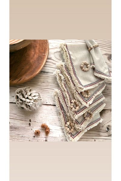 NDC HOME 6pcs Mini Tasseled Raw Linen Napkin Set (WITH WOODEN BUCKLE GIFT)