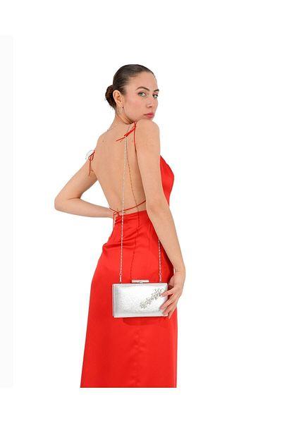 MidStore Culoare argintie Satin Crystal Stone Geanta pentru rochie de seara Geanta de seara Geanta de nunta de logodna