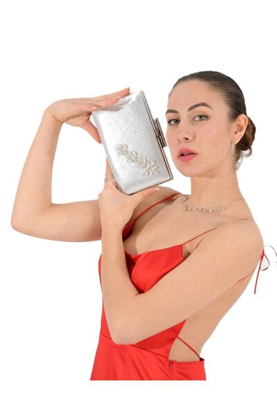 MidStore Culoare argintie Satin Crystal Stone Geanta pentru rochie de seara Geanta de seara Geanta de nunta de logodna