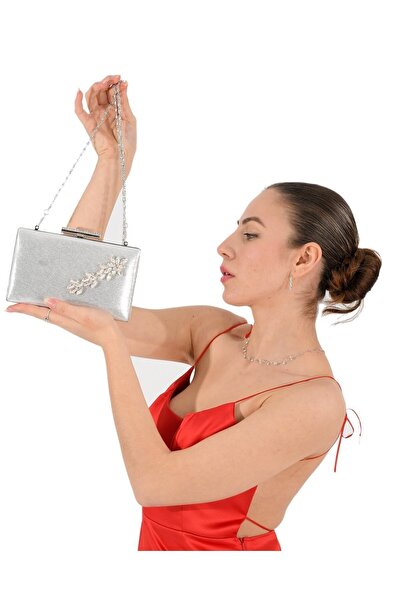 MidStore Culoare argintie Satin Crystal Stone Geanta pentru rochie de seara Geanta de seara Geanta de nunta de logodna