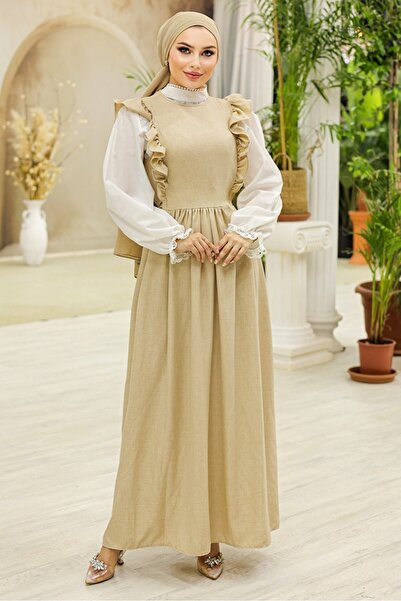 Bestenur Μπεζ εύκαμπτο λινό Frilly Salopet 935