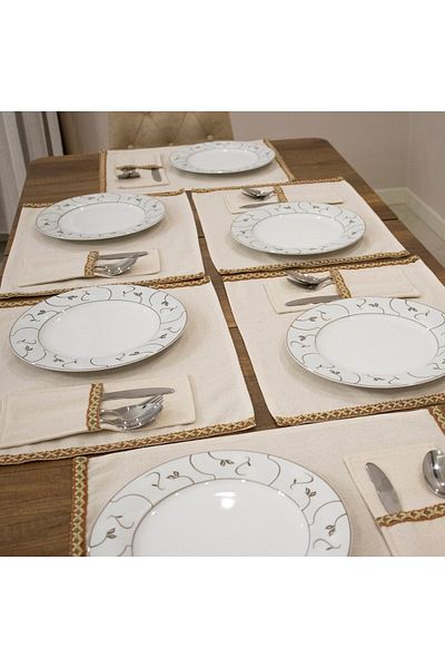 NDC HOME Linen 6-Piece Green Woven Striped American Service Set with Spoon Holder Gift 35 X 55