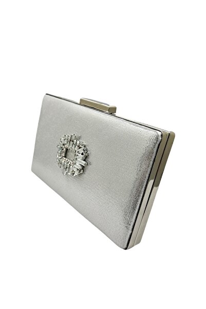 MidStore Silver Lame Color Satin Case Silver Stone Geanta pentru rochie de seara Geanta de seara Portofoliu de logodna nunta