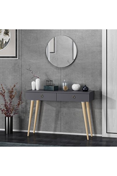 DEKOROSSO Arden Ahşap Ayaklı Yuvarlak Aynalı Modern Dekoratif Dresuar Antrasi...