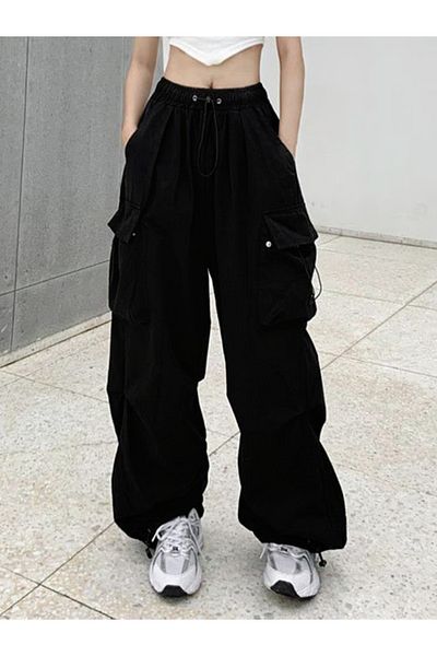 Touz Moda Black Tactical Parachute Fabric Oversize Unisex Trousers with Cargo Pocket
