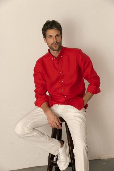 alenmeza Ανδρικό κόκκινο 100% λινό πουκάμισο μοντέρνα εφαρμογή - γιακάς με κουμπιά, χωρίς τσέπη