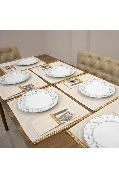 NDC HOME Linen Yellow Woven Stripe 6-Piece Placemat Set with Spoon Holder Gift 35x55