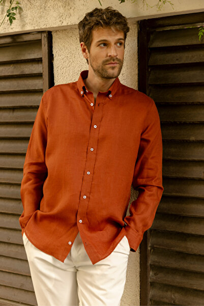 alenmeza Erkek %100 Keten Kiremit Rengi Düğmeli Yaka Modern Fit Cepsiz Gömlek