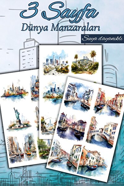 sanatıbedi 3 Sayfa Dünya Şehirleri Manzara Sticker - Ajanda Valiz Telefon Lap...