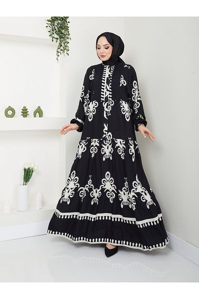 MODAMERSİ Black Viscose Fabric - Patterned Women's Dress