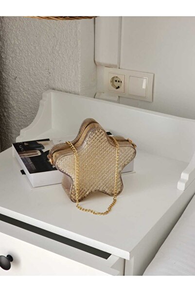 Moom Bag Star Shaped Transparent Gold Silicone Women's Crossbody Bag with Chain Detail