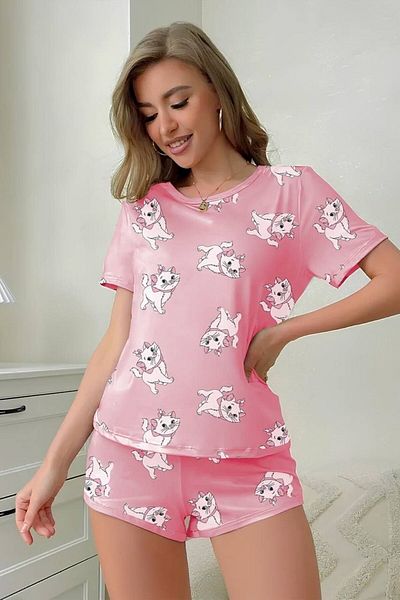Cesur Women's Short Sleeve Shorts Set PinkCatBig3