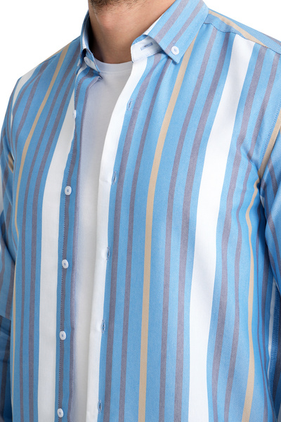 Varetta Чоловіча сорочка з широким кроєм, з ефектом льону, в синьо-бордових смужках