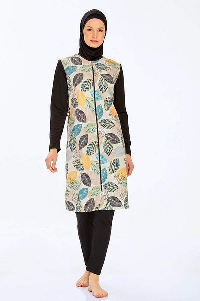 MEBA Rozamay Black Hijab Μαγιό - Κρεμ μοτίβο φύλλων, μακρυμάνικο, φερμουάρ, πλήρως κλειστό 9255