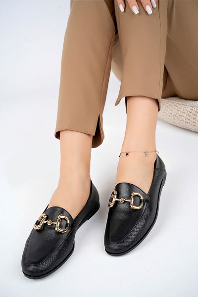 Deripabuc Genuine Leather Printed Black Women's Leather Loafer Pcc-f07