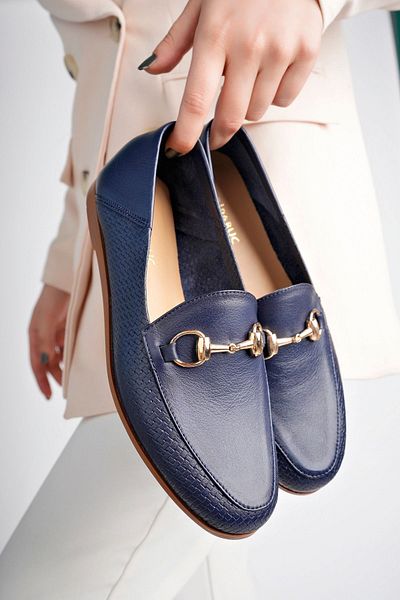 Deripabuc Genuine Leather Navy Blue Print 2 Women's Leather Loafer Pcc-f05