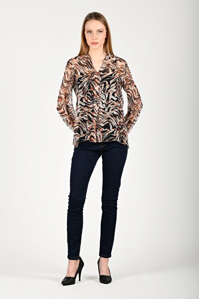 la luce Kiremit Siyah Desenli V Yaka Bluz - QB152