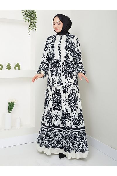MODAMERSİ Viscose Fabric - Black Ecru Patterned Women's Dress