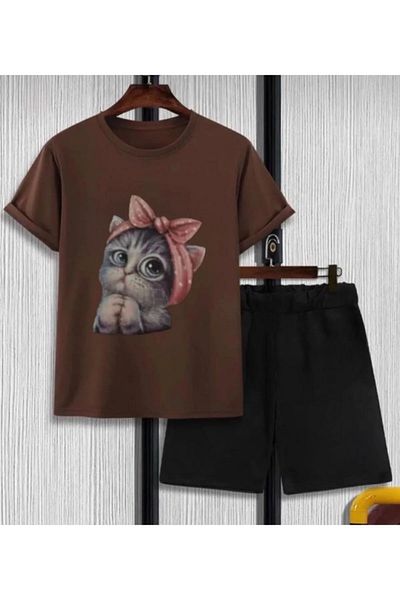 DAXİS Sportwear Company مجموعة تي شيرت وشورت للأطفال للجنسين - طباعة قطة، طقم علوي سفلي