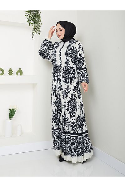 MODAMERSİ Viscose Fabric - Black Ecru Patterned Women's Dress