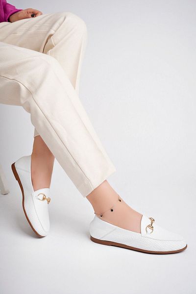 Deripabuc Genuine Leather White Print 2 Women's Leather Loafer Pcc-f05