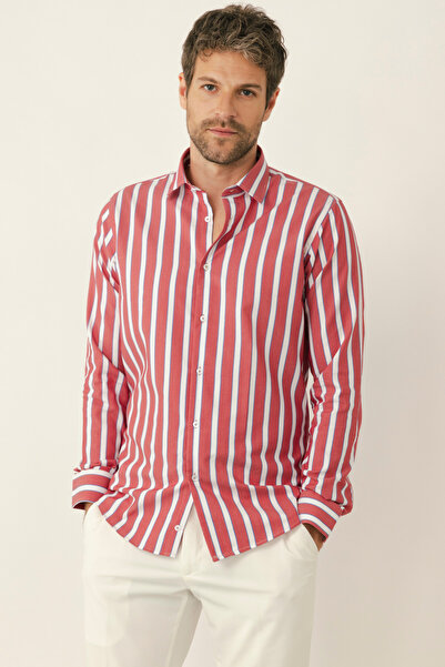 alenmeza Erkek Kırmızı Kalın Çizgili Easy Care Kolay Ütülenebilir Pamuklu Cas...