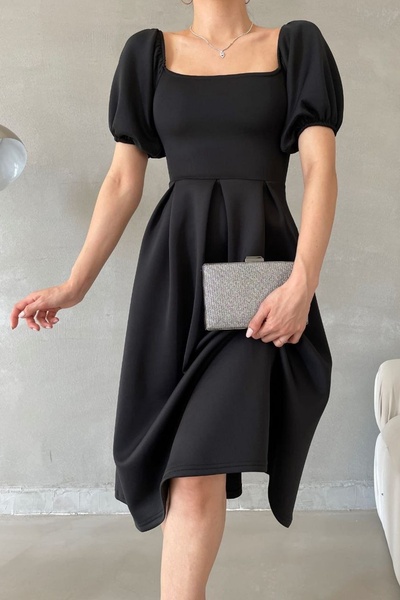 WOMAN VISION Rochie Midi Neagră - Guler pătrat și mânecă cu balon, țesătură d...