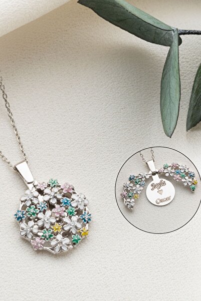Silvano Jewelry 925 Ayar Açılabilen İsimli Çiçek Buketi Gümüş Kolye