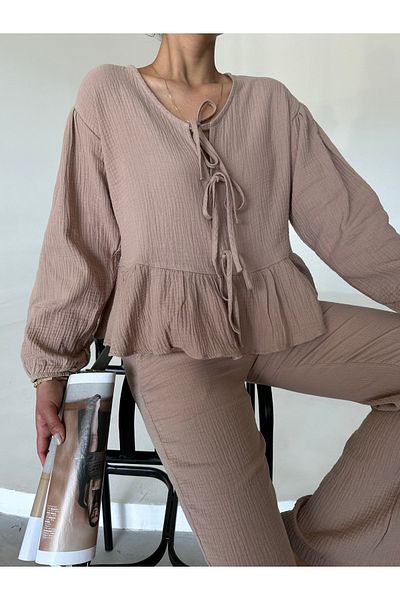 Laluvia Mink színű fodros ing és nadrág szett