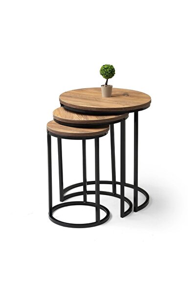 Evistro Ahşap 3 lü Zigon Sehpa Metal Ayaklı Atlantik Çam