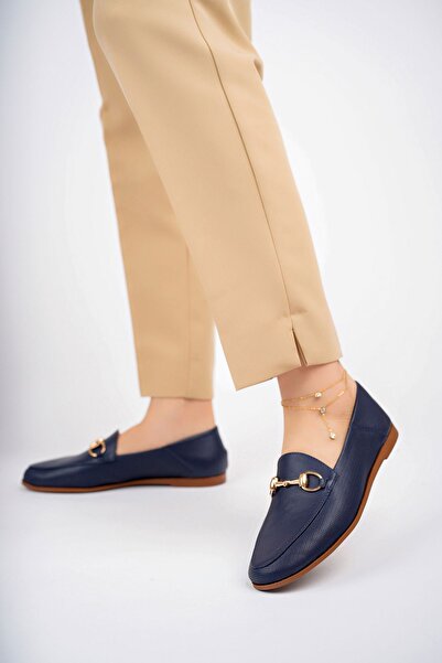 Deripabuc Navy Blue Printed Genuine Leather Women's Loafer - Pcc-F05