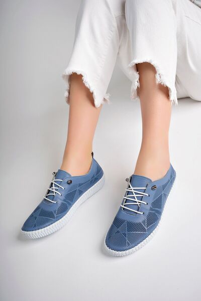 Deripabuc Hakiki Deri Kot Mavi Baskı Kadın Deri Casual Ayakkabı Dp62-8001