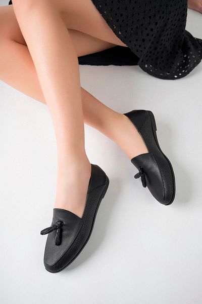 Deripabuc Genuine Leather Black Print 2 Women's Leather Loafer Pcc-f06