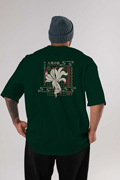 Ankhises Tricou supradimensionat cu imprimeu pe spate Kyubi No Kitsune, verde smarald, unisex, bărbați, femei, cu gât crepus