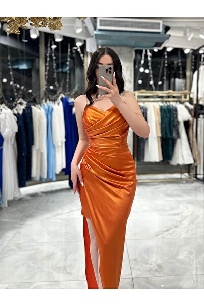 missswans Lamedore Drapeli Taş Askılı Mini Elbise Turuncu