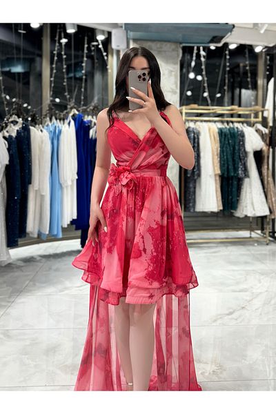 missswans Fuchsia Melena Chiffon Mini Dress - Flared Skirt and Tail Detail