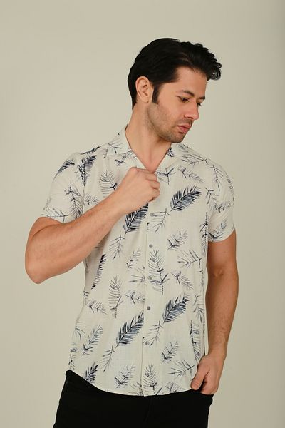 Brango Men's Cream Navy Blue Hawaiian Patterned Ashap Collar Linen Shirt