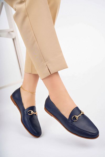 Deripabuc Navy Blue Printed Genuine Leather Women's Loafer - Pcc-F05