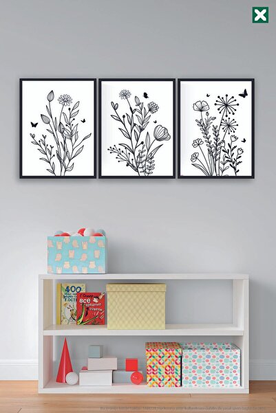 TABLOX Set de pictură modernă din MDF cu aspect de cadru din 3 piese cu flori...