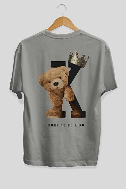 Ankhises Teddy Bear Born To Be King Πίσω μπλουζάκι με στάμπα γκρι υπερμεγέθη Unisex ανδρικό γυναικείο λαιμόκοψη