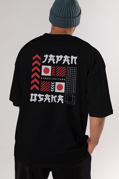 Ankhises Tricou oversize negru cu imprimeu pe spate Japan Osaka, unisex, pentru bărbați, pentru femei, cu decolteu