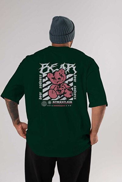 Ankhises Bear Sadness Back Štampano Emerald Green Oversize kroj T-shirt Unise...