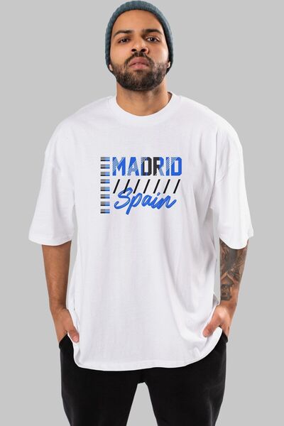 Ankhises Tricou supradimensionat alb cu imprimeu în față Madrid, unisex, bărbați, femei, cu decolteu