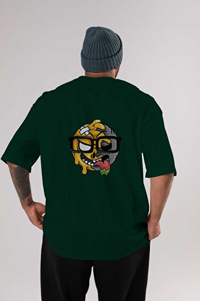 Ankhises Smiley Nerd Back Štampano Emerald Green Oversize kroj T-shirt Muškar...