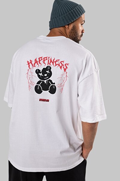 Ankhises Happiness Bear Back Štampano Bela Oversize kroj T-shirt Unisex Muška...