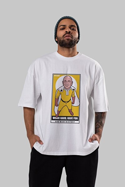 Ankhises Džef Bezos Saitama Prednja Štampano Bela Oversize kroj T-shirt Unise...