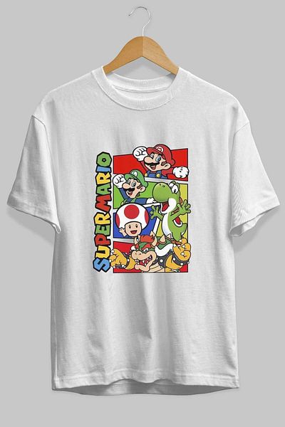 Ankhises Tricou Super Mario alb supradimensionat - Decolteu, bărbați și femei
