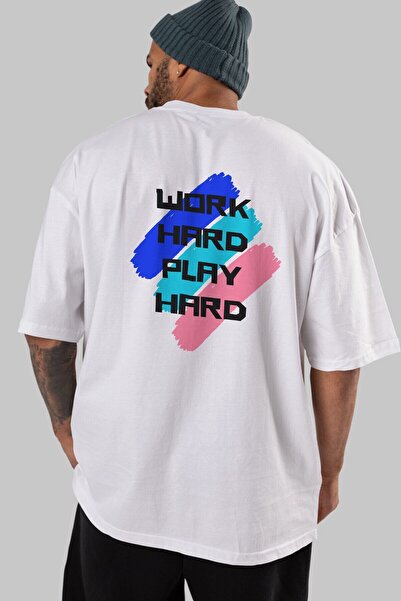 Ankhises Radi naporno, igraj se naporno 2 Nazad Štampano Belo Oversize kroj T...